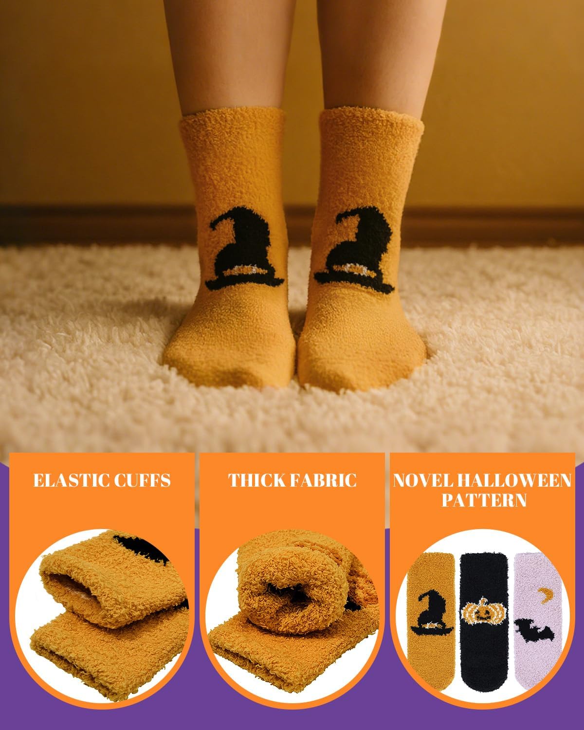 Century Star Women Halloween Socks Warm Super Soft Slipper Socks Fuzzy Fluffy Cozy 3-8 Pairs Home Socks 4 Pairs Halloween Pattern One Size