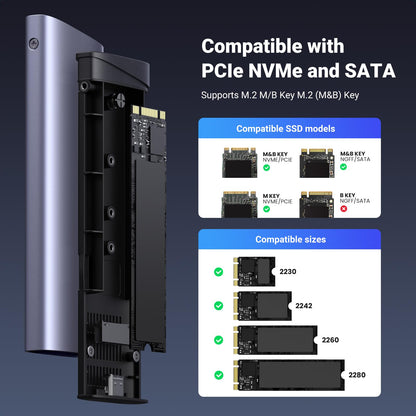 UGREEN M.2 NVMe & SATA Enclosure, USB 3.2 Gen 2 SSD Enclosure, 10Gbps NVMe External Caddy, Aluminum PCIe Adapter for M and M&B Key in 2230/2242/2260/2280 SSDs