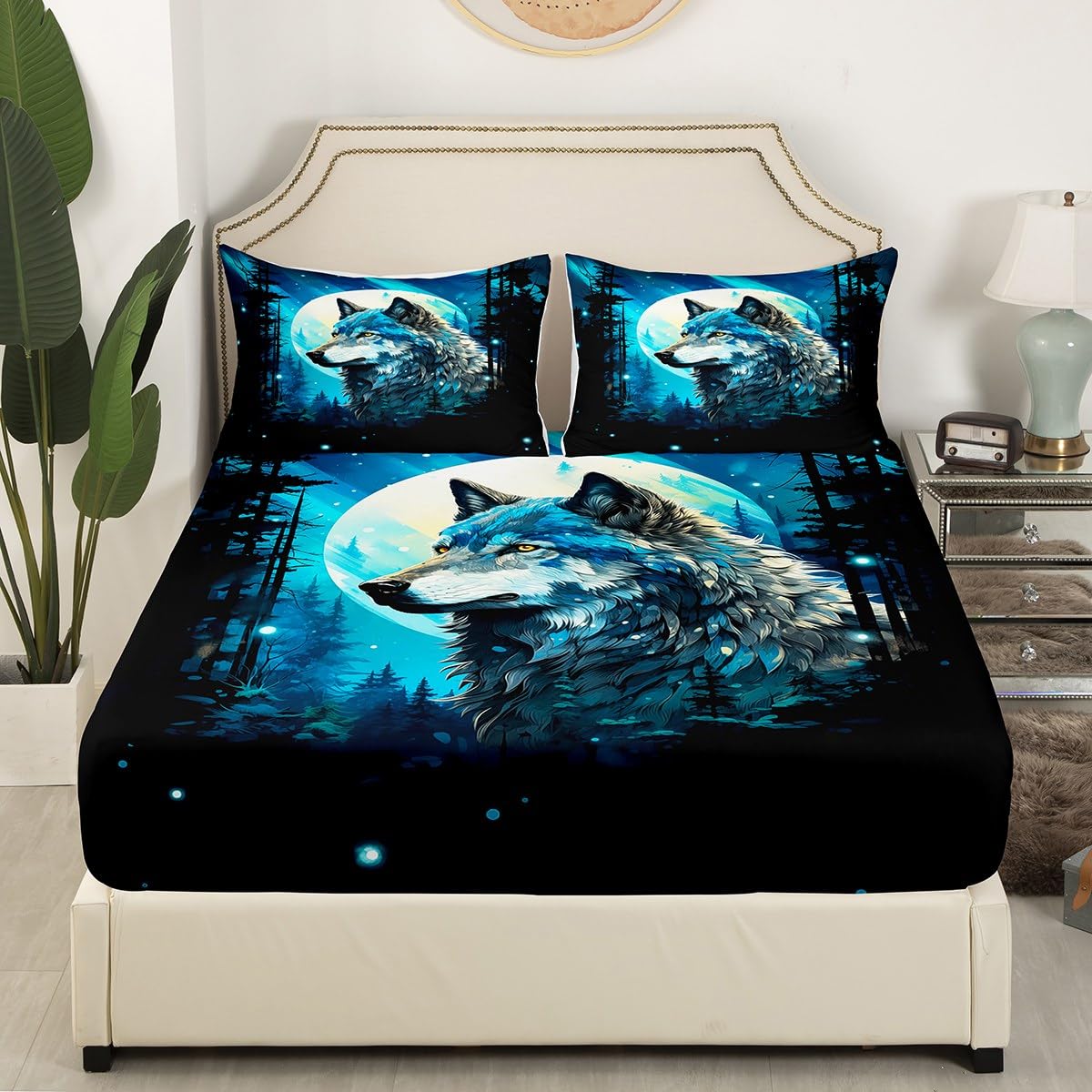 Wolf Fitted Sheet Queen Size,Nature Tree Jungle Mountain Bed Sheet Moon Night Starry Sky Bedding Set 3Pcs for Kids Boys Teens Men Room Decor,Wild Animals Theme Deep Pocket Sheet,2 Pillowcases