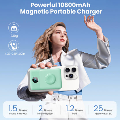 Magnetic Portable Charger 10800mAh for iPhone with Built-in Cables, 6-in-1 Wireless Power Bank with iWatch Charger, LCD Display 25W PD Fast Charging Battery Pack for iPhone 16/15/14/13/12, Apple Watch