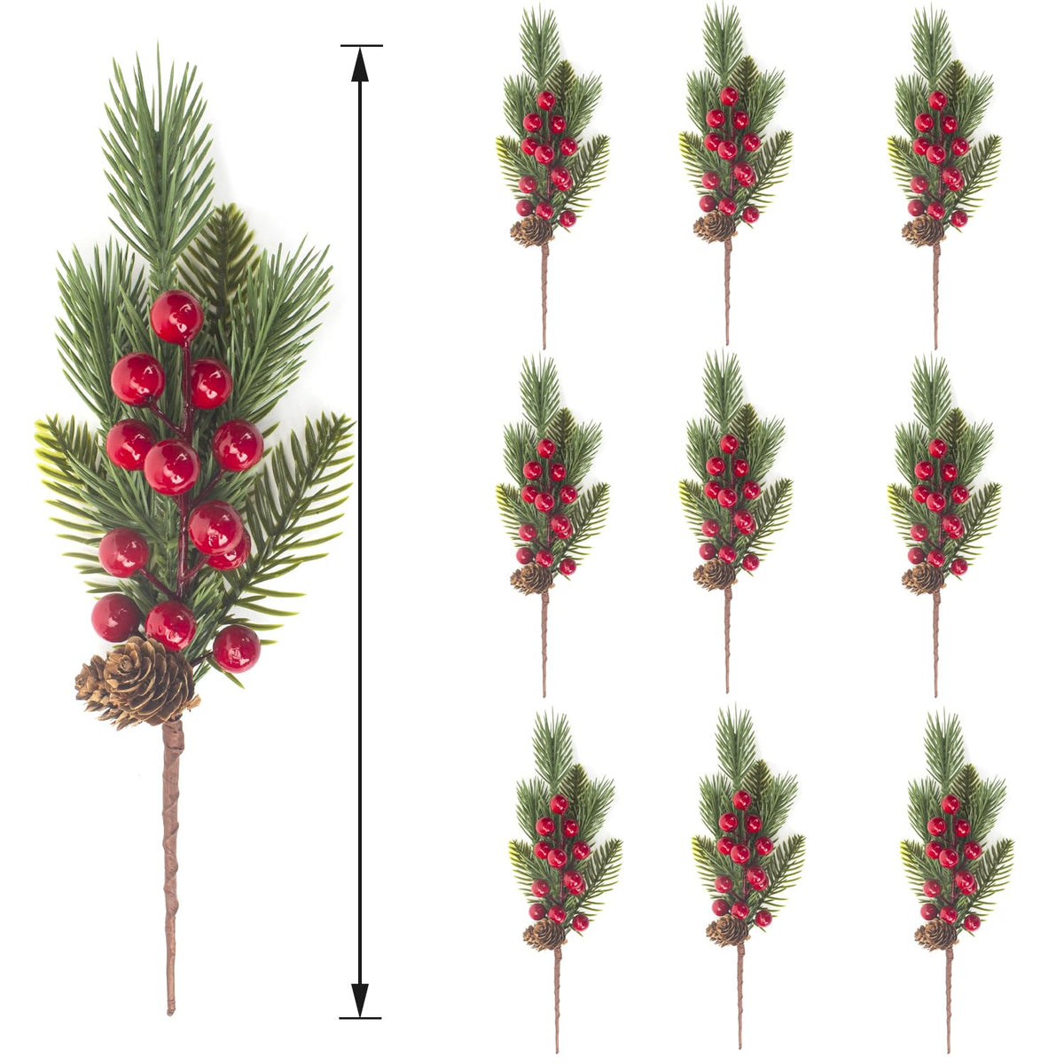 Grunyia 10 Pcs Artificial Pine Cone Picks and Red Berry Mini Artificial Pine Tree for Christmas Party Flower Wreaths and Holiday Decorations