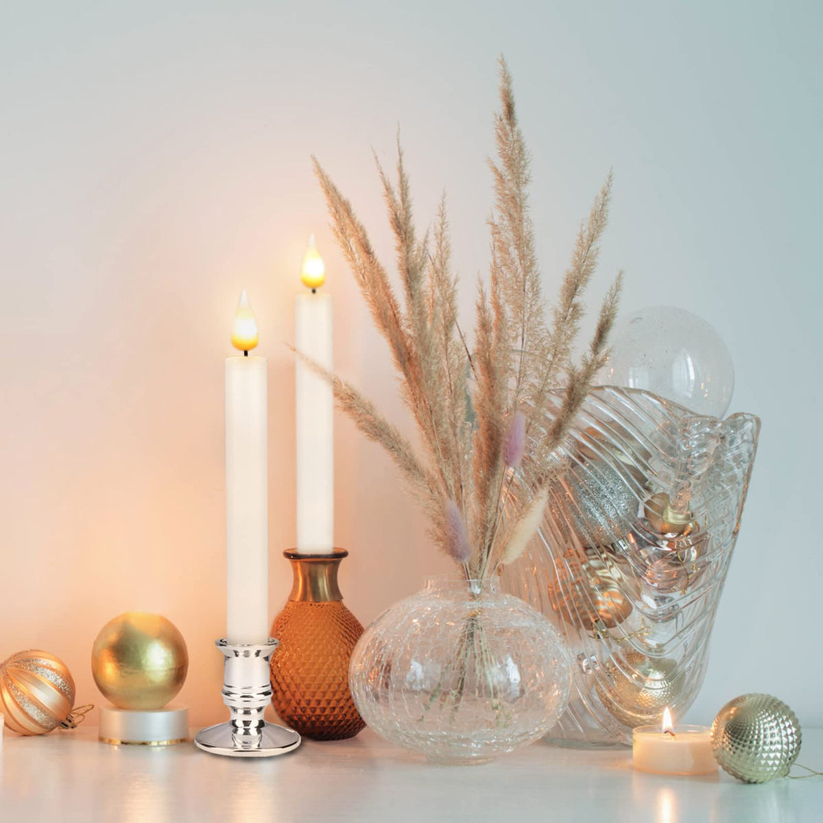Bociks Flameless Window Candles with Remote Timer 10 PCS Battery Operated LED Flickering Taper Candle Lights with Removable Sliver Candle Holders Best Gift for Xmas Wedding Home Dinner Décor