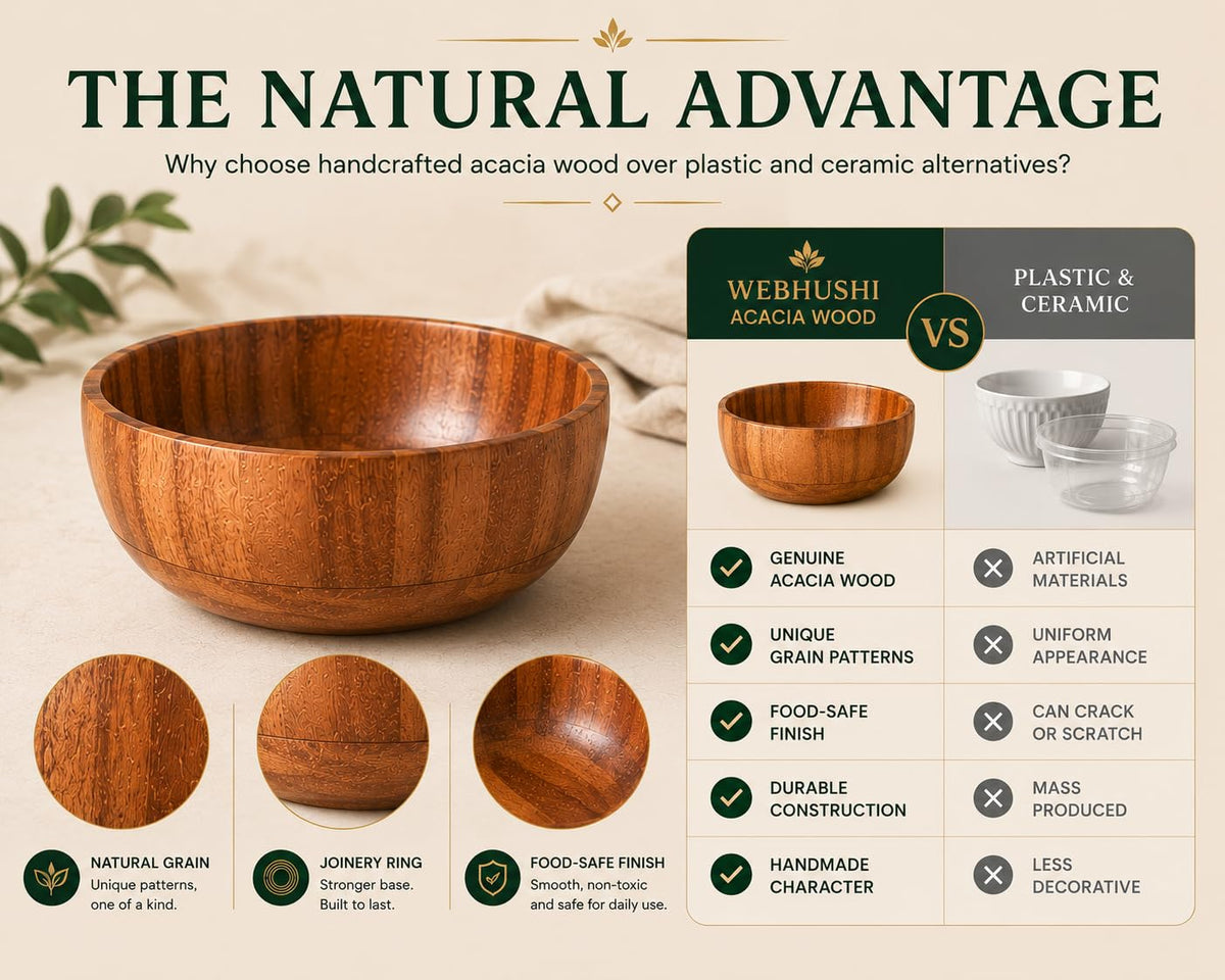 WEBHUSHI Acacia Wood Round Serving Bowls Set of 4 U Shape Handmade 4.75 Inch Medium Size Brown