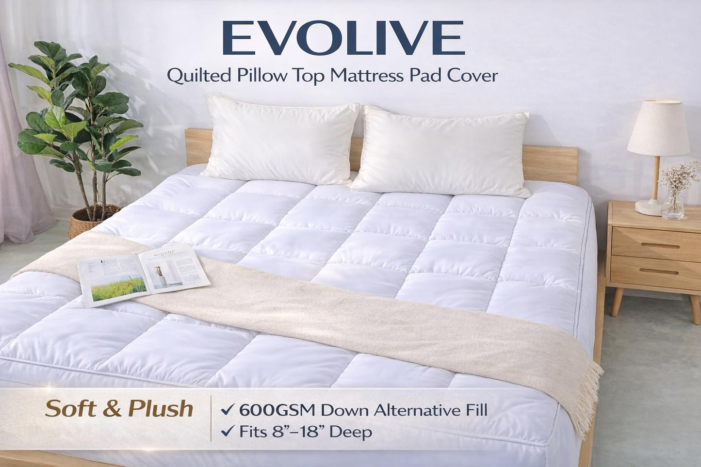 EVOLIVE Mattress Pad Cover Queen, Quilted Pillow Top Mattress Protector, Soft Microfiber Fitted Mattress Topper, Deep Pocket 8-18 Inch, Machine Washable (King 80"x78"x2" Inches, White)