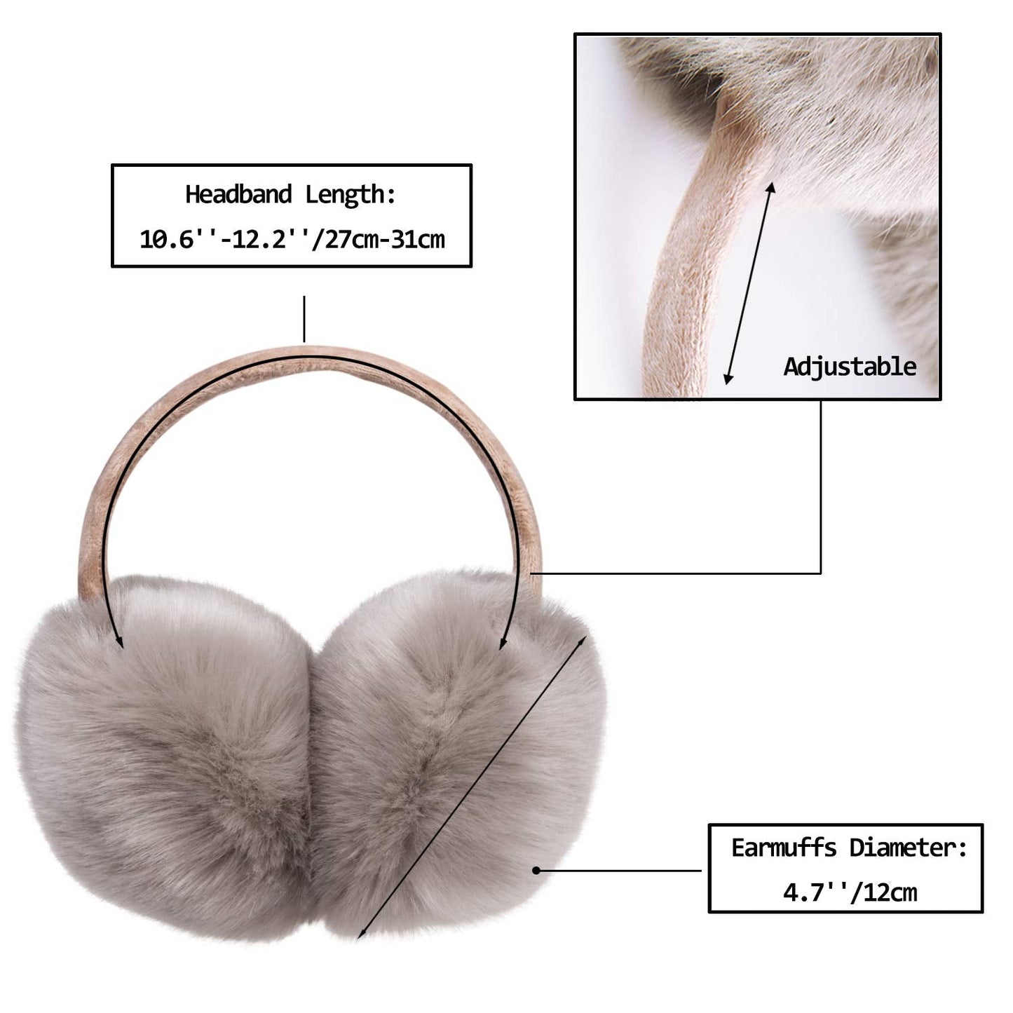 Justay Comf Ear Muffs, Women Earmuffs Faux Fur for Winter Adjustable Ear Warmer One Size,Brown