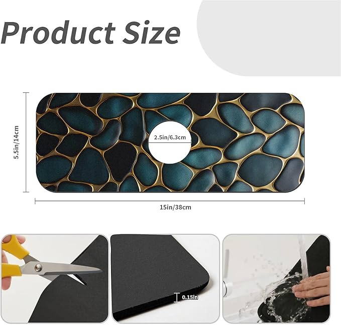 Kitchen Sink Splash Guard，Blue and gold stones Faucet Mat Sink Gadgets-Super