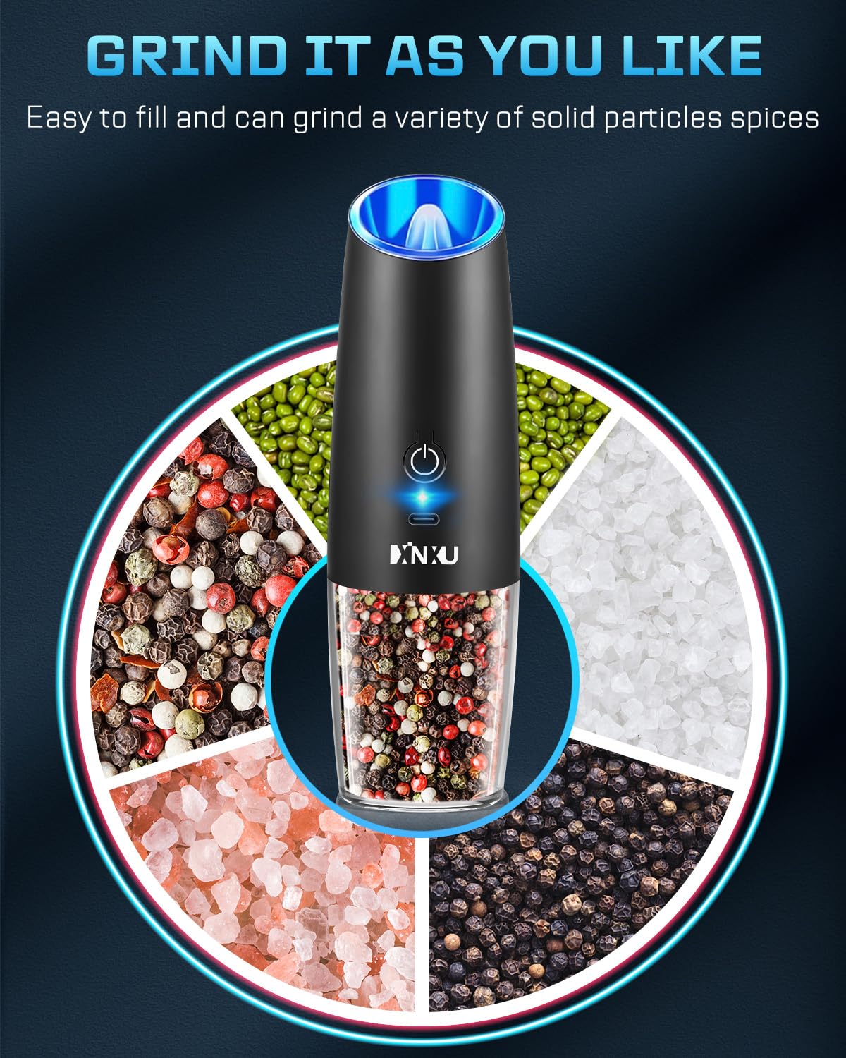 XinXu Rechargeable Pepper and Salt Grinder Set, whit Gravity Sensing Switch and LED Light, One Hand Automatic Operation -Black/2 Pack