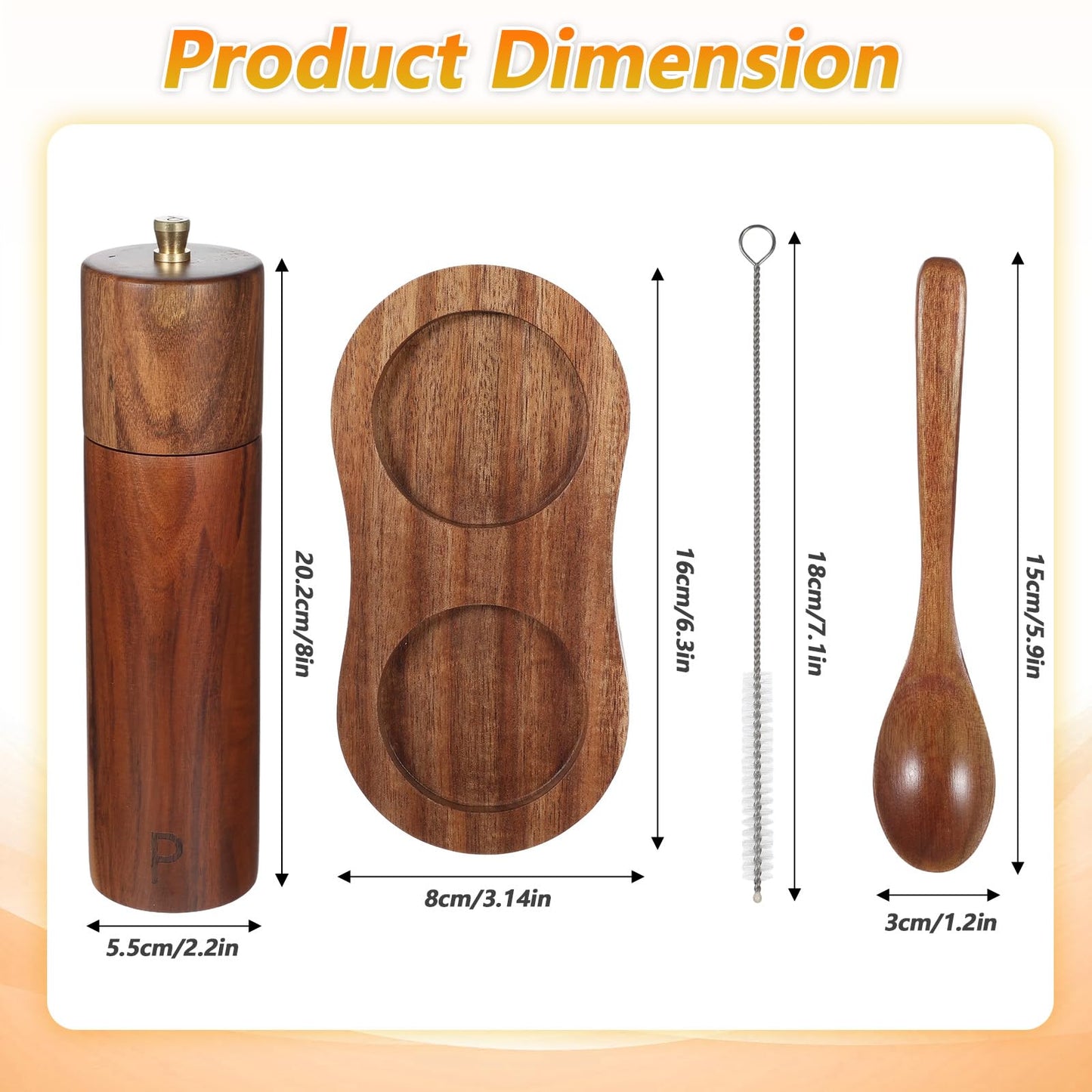 KongTiva 2 Pack Wooden Salt and Pepper Grinder Set, 8 Inch Adjustable Coarseness Manual Salt and Pepper Mill with Brush and Spoon, Acacia Wood Refillable Grinders for Kitchen Home Gift