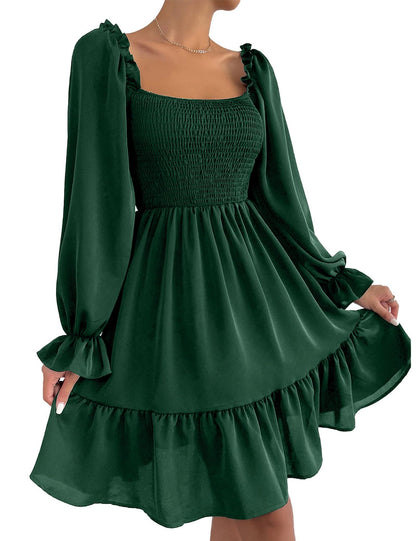 Ekaliy Women's Casual A line Dress Knee Length Puff Sleeves Smocked Elegant Homecoming Dress Green M