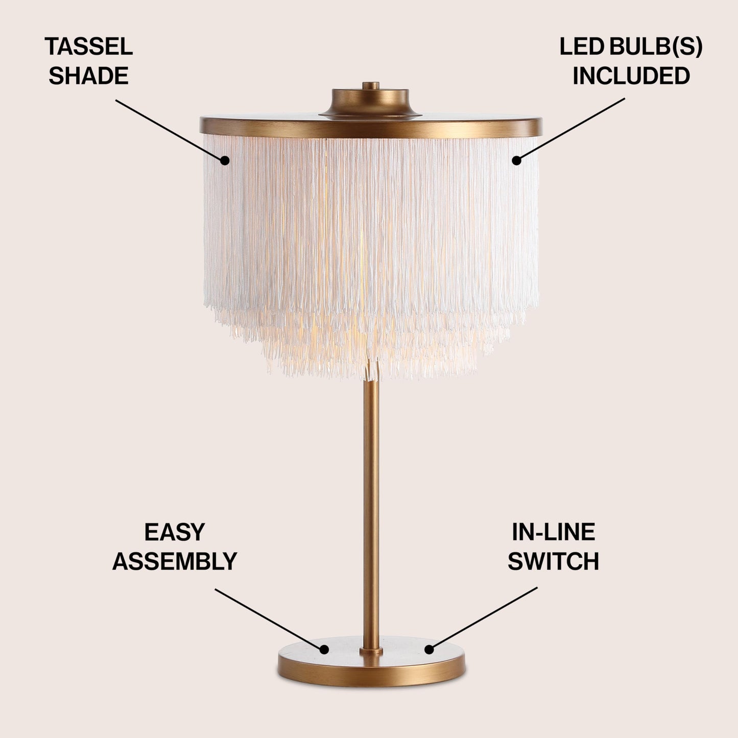 JONATHAN Y 27.5" Gold 2-Light Fringed Metal LED Table Lamp, Contemporary Glam Desk Lamp with White Tassel Shade for Living Room, Bedroom, LED Bulbs Included JYL9045A