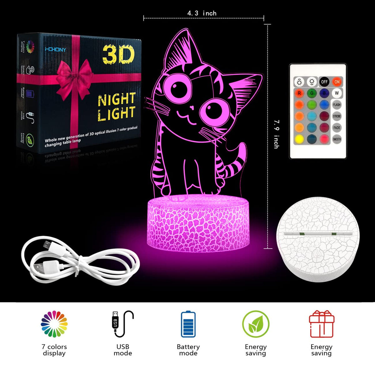 i-CHONY Cat Night Light, 3D Optical Illusion Lamp, 16 Colors
