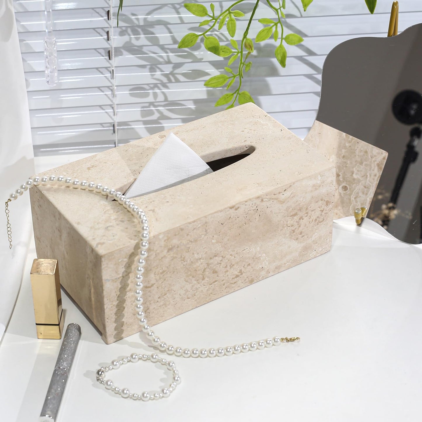 Noble and Light Luxury Natural Travertine Marble Household Tissue Box for Bathroom | Office | Desk | countertop | Vanity | Bedroom | Bedside Table |Beige