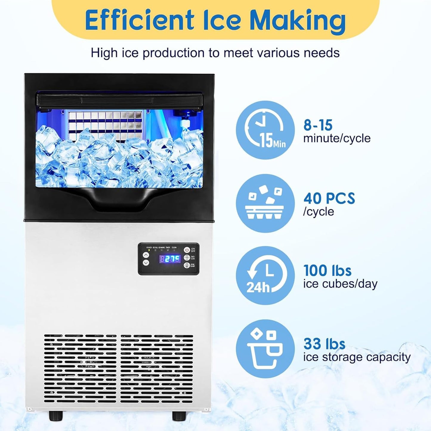 GarveeTech Commercial Ice Maker Machine, 100 LBS/24H Under Counter Ice Maker with 33 LBS Ice Capacity, Stainless Steel Freestanding Ice Machine with Ice Scoop, Self-Cleaning, for Home Restaurant, Bars