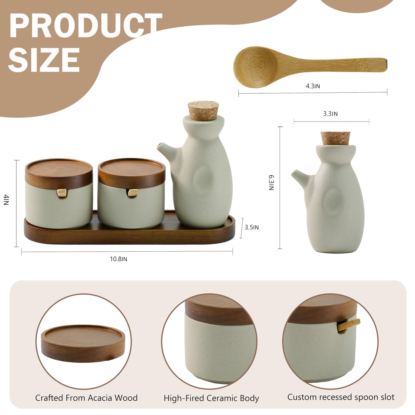 Mavolico 3 Pack Ceramic Spice and Soy Sauce Dispenser Set with Acacia Wood Lid, Complete with Sugar Salt Containers, Spoons and Wooden Tray for Kitchen and Dining