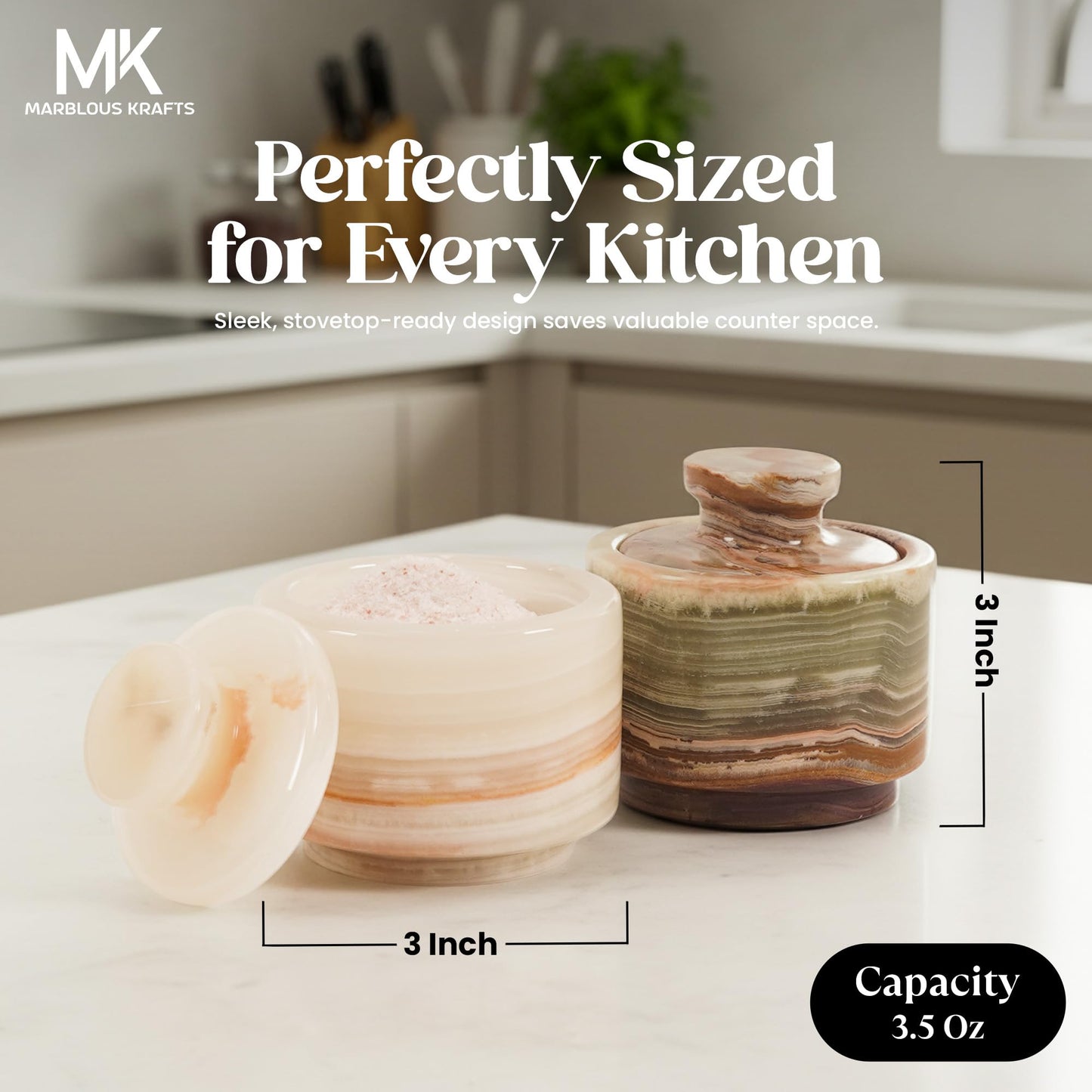 MARBLOUS KRAFTS Marble Salt Cellar with Lid White Onyx and Green Onyx 3" Stone Spice Jar, Perfect for Kitchen Counters, Ideal for Storing Salt, Sugar, and Pepper Bowls