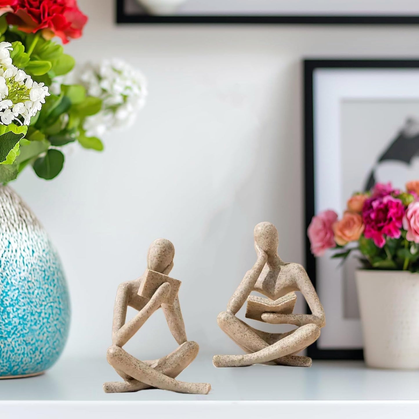 Reading Thinker Statue, Sculptures Abstract Art Ornament, Modern Aesthetic Figurine Decoration Set of 2 Status for Home Living Room Bedroom Office Shelf Table Desk Bookshelf Decor (Sandstone)