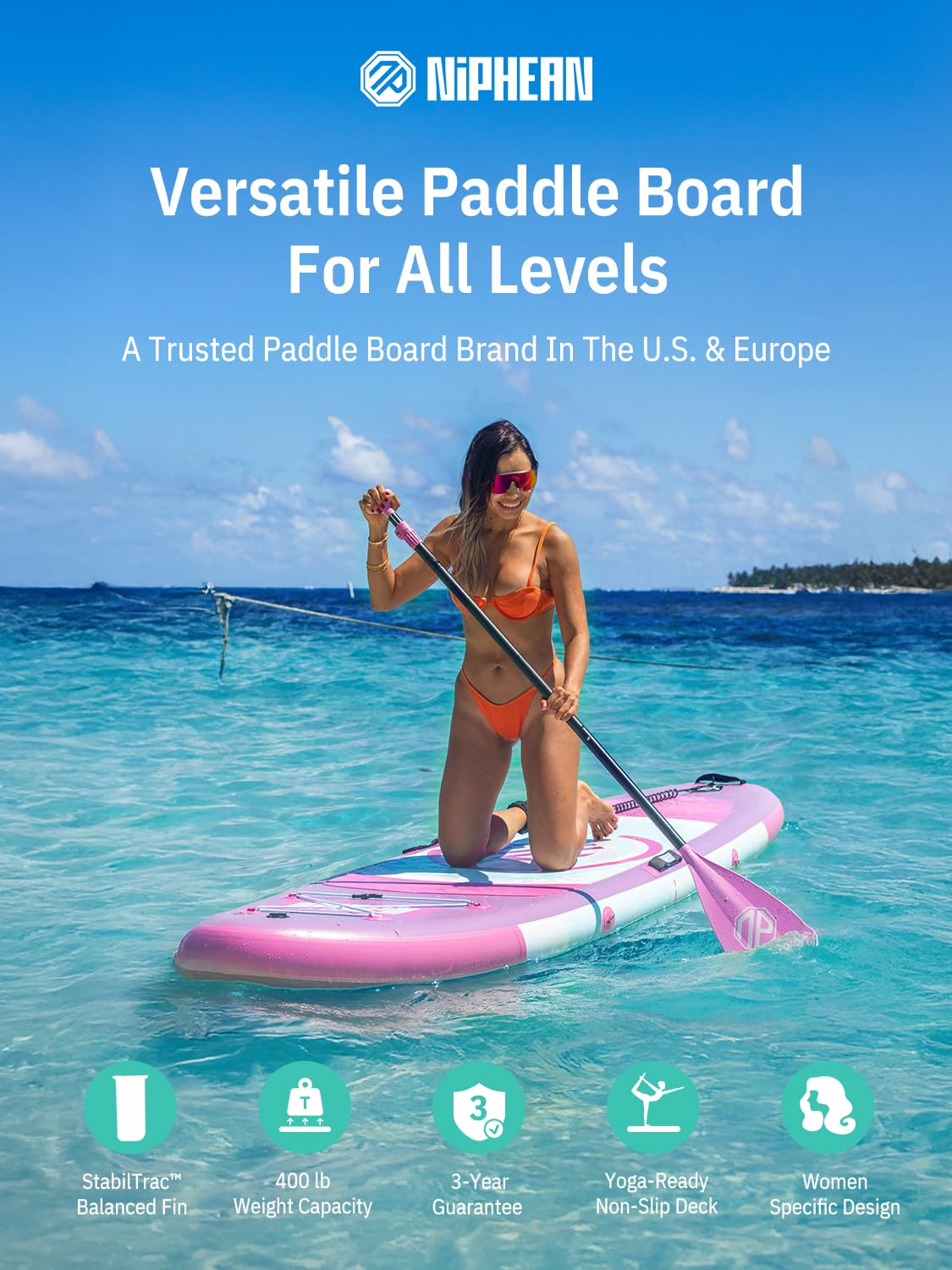 Niphean（Ultra-Light） Inflatable Paddle Board with StabilTrac Fin and Durable SUP Accessories, 10' Stand Up Paddle Boards for Adults & Youth, Versatile Yoga Paddle Board-Lavender Whispers with Seat