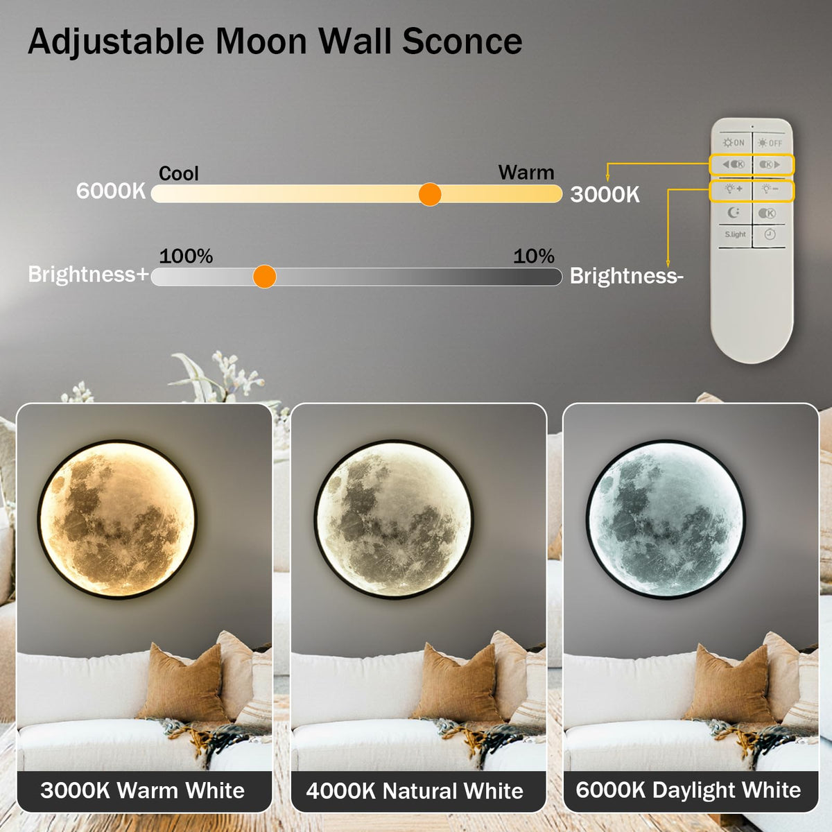 Clcmber Dimmable Moon Wall Light 31.5 Inch Indoor Plug in LED Wall Sconce with Remote Control Black Modern Wall Lamps for Bedroon Living Room Decor Lighted Wall Art
