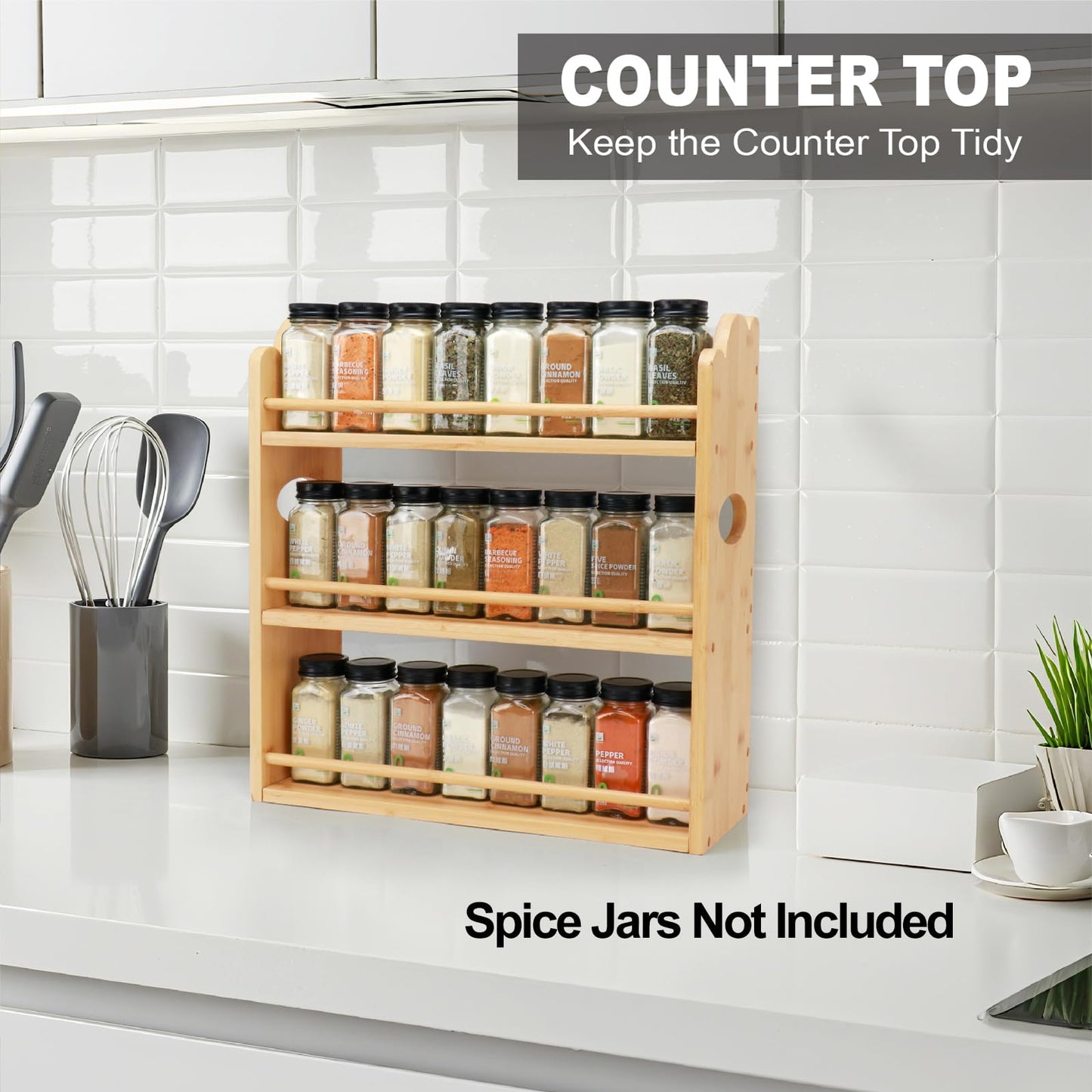 Thalomely 3 Tier Bamboo Spice Rack, Spice Rack Organizer, Seasoning Jars Rack Shelf Spice Organizer for Kitchen Counter or Wall Mounting, Spice Storage Holder with handles, Jars Not Included,Natural