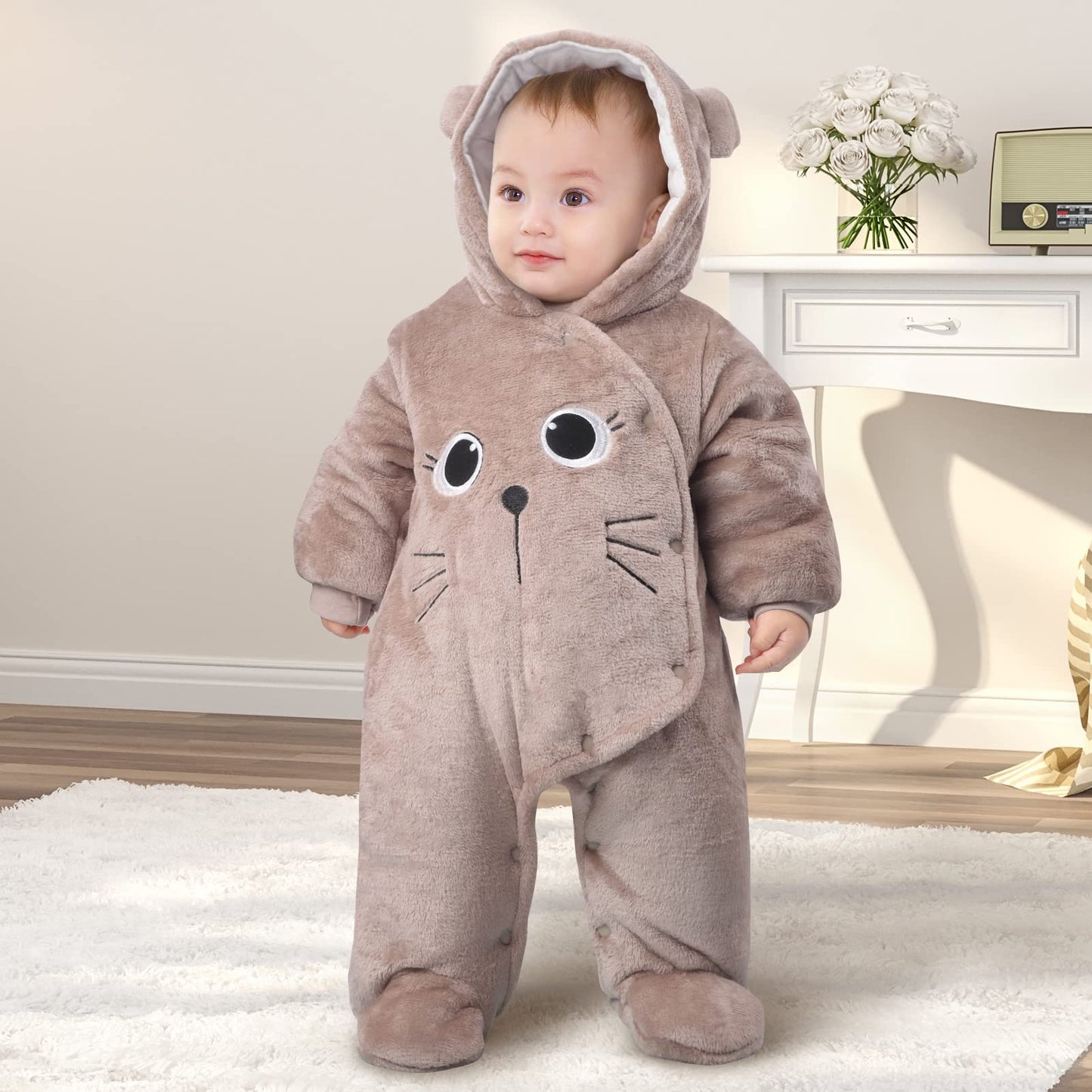 Baby Winter Hooded Romper Fleece Snowsuit Jumpsuit Cartoon Cat Outfits Coffee, Brown, 3 - 6 Months