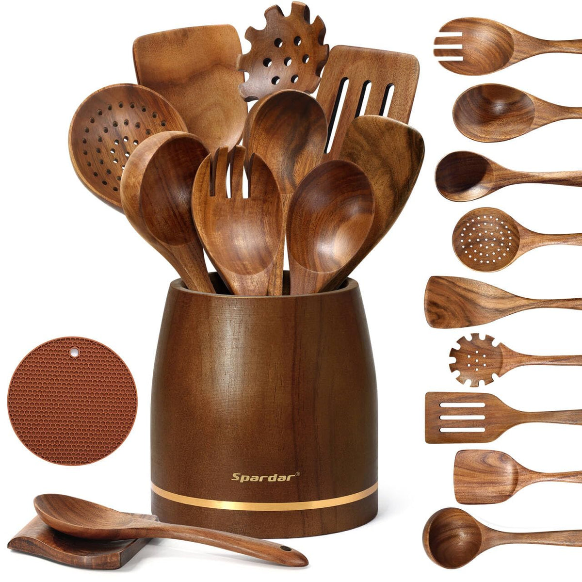 Spardar Wooden Spoons for Cooking, 12 Pcs Teak Wooden Utensil Set with 9 Pcs Spoons, Spoon Rest, 4.2" Utensil Holder, and Potholder for Kitchen Decor & Housewarming Gift