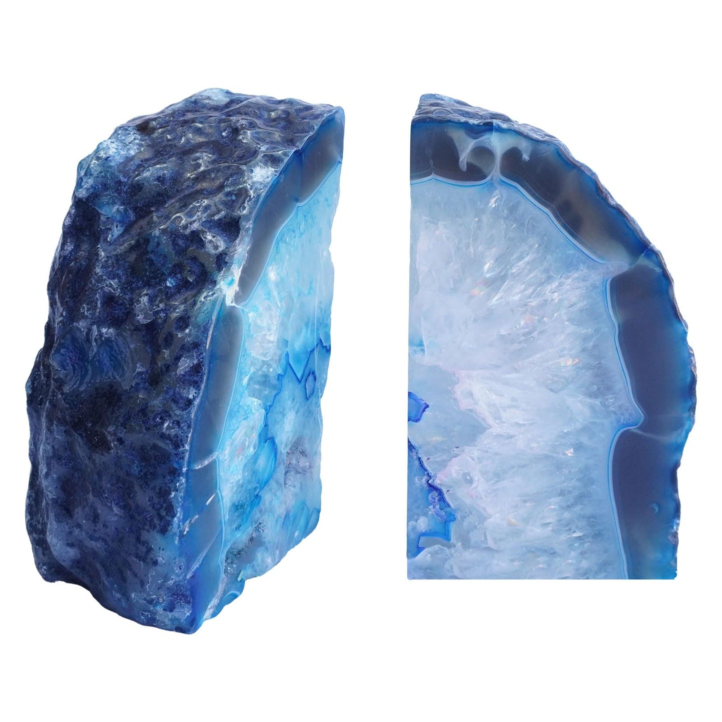 Sisamn Natural Blue Dyed Agate Geode Bookends - 3 to 4 lb Heavy Duty Rock Crystal Stone Book Ends for Shelves, with Rubber Bumpers, Decorative Book Holders for Home Office