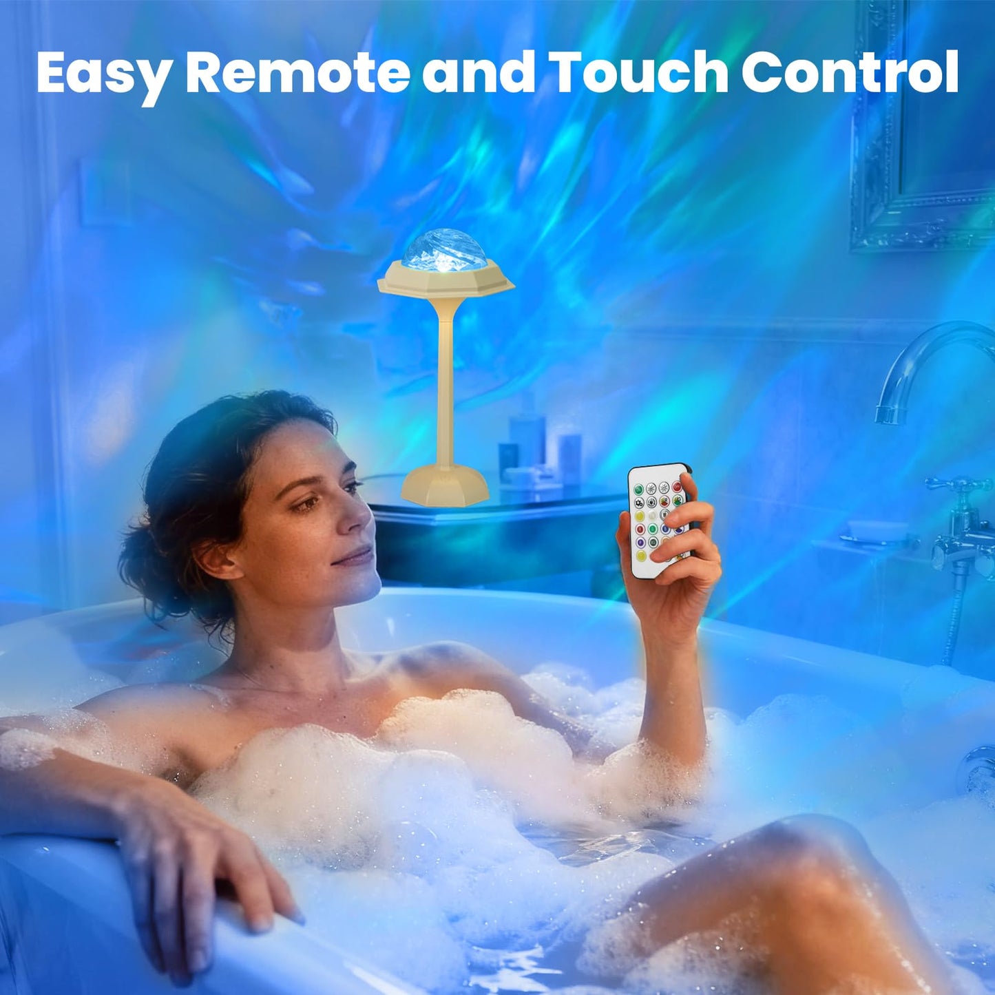 LINKOJI 4 in 1 Shower Lamp Waterproof Bathroom Lamp Ocean Wave Projector Light Northern Galaxy Light 16 Color Rechargeable Remote Control lumena Lamps for Inside Shower/Bathtub