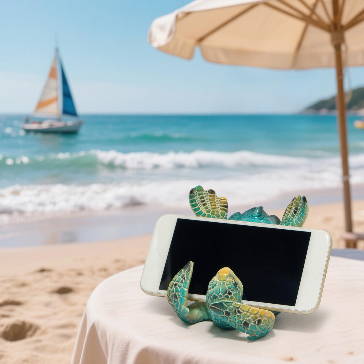 Hodao Sea Turtle Figurines Decoration Turtle Cell Phone Stand Holder for Home Office Desk Summer Ocean Style Phone Holder Decor for Beach Table Statues Gifts for Friends (Blue-Turtle)