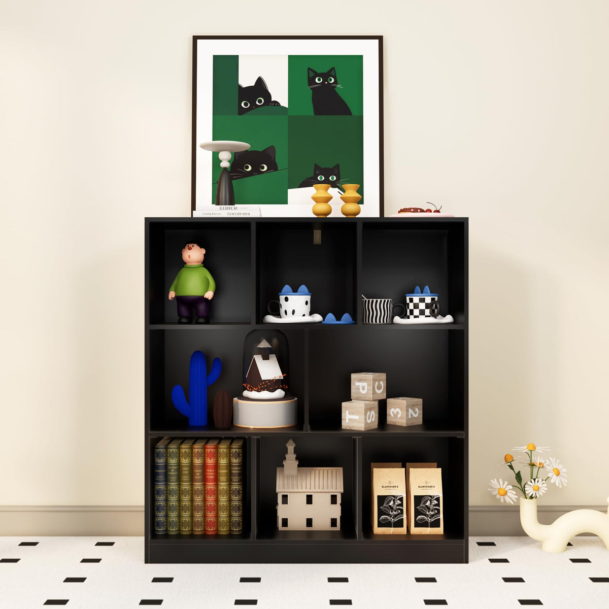 NewBeth Black Bookshelf, Wooden Bookshelf with Base, Cube Storage Organizer, Bookcase for Living Room,Bedroom,Study and Office (Black, 8-Cube)