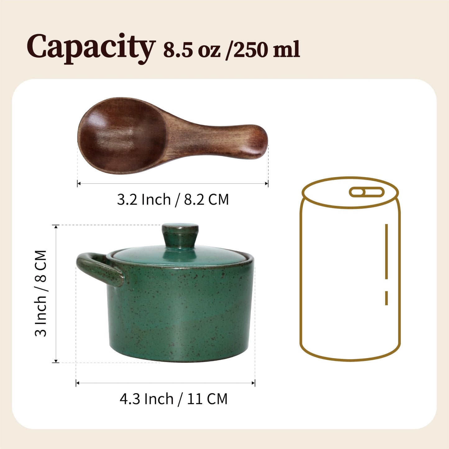 seicasaya Handcrafted Speckled Ceramic Salt Cellar with Wooden Spoon, Rustic Vintage Spice Jar, Dishwasher Safe, 8.45 fl oz (Vintage Green)