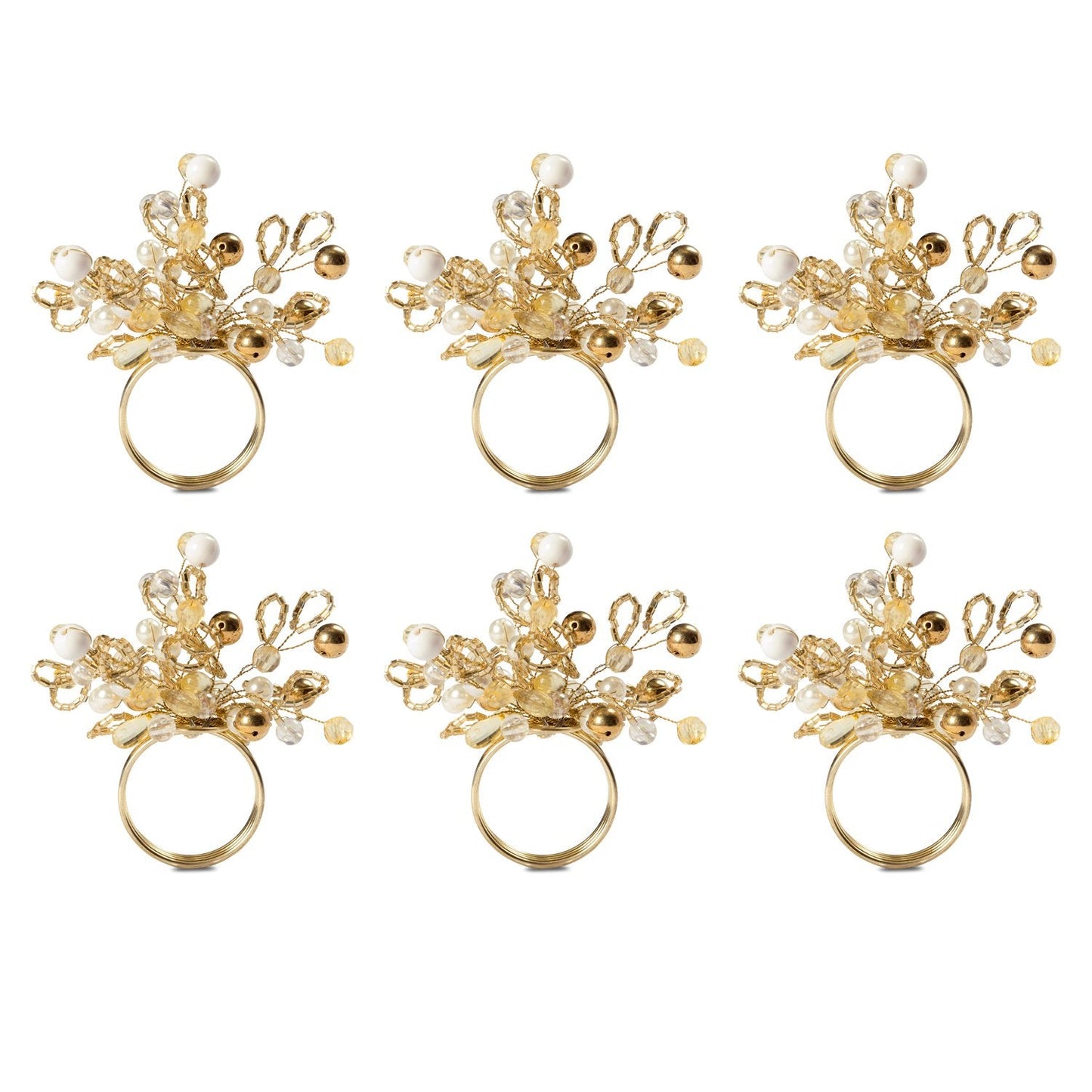 DII Christmas Thanksgiving Holiday Tabletop Décor Collection Decorative Napkin Ring Holder Set, 4" Diameter, Gold Beaded Cluster, 6 Piece