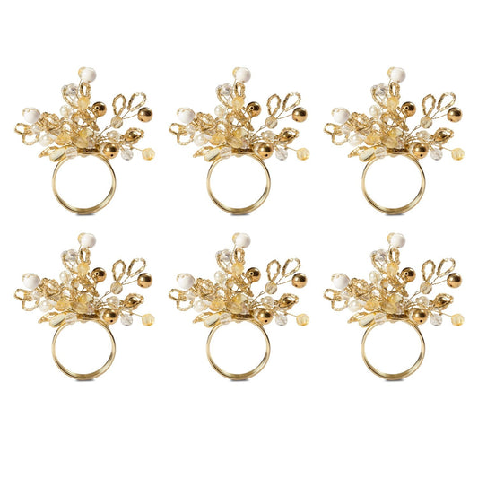 DII Christmas Thanksgiving Holiday Tabletop Décor Collection Decorative Napkin Ring Holder Set, 4" Diameter, Gold Beaded Cluster, 6 Piece