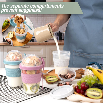 EYNEL 4 Pack Reusable On The Go Yogurt Parfait Cups, Breakfast Plastic Containers with Lids and Spoons, Perfect Jars for Overnight Oats Cereal Granola Oatmeal Smoothies and Snack Prep