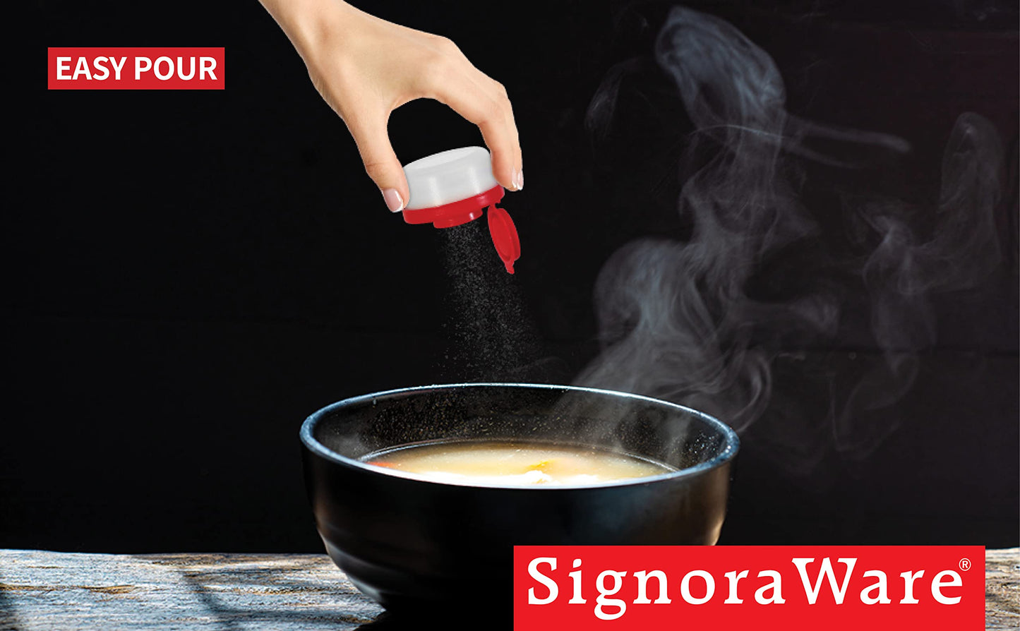 Signoraware Salt and Pepper Shakers Moisture Proof Set of 2 Small Mini Salt Shaker to go Camping Picnic Outdoors Kitchen Lunch Boxes Travel Spice Set Clear with Red Covers Plastic Airtight Dispenser
