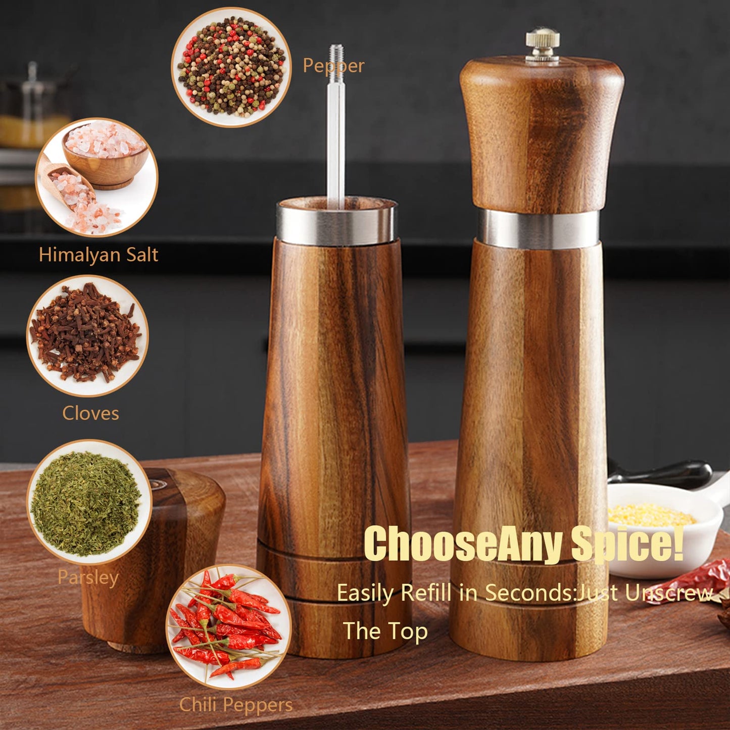 Ninefish Wooden Salt and Pepper Grinder Kit,Wood pepper mill,8-inch manual Teak Wooden Salt and Pepper Shakers, Pepper and salt grinders are combined with Wooden Stand Holder Tray and Wooden Spoon