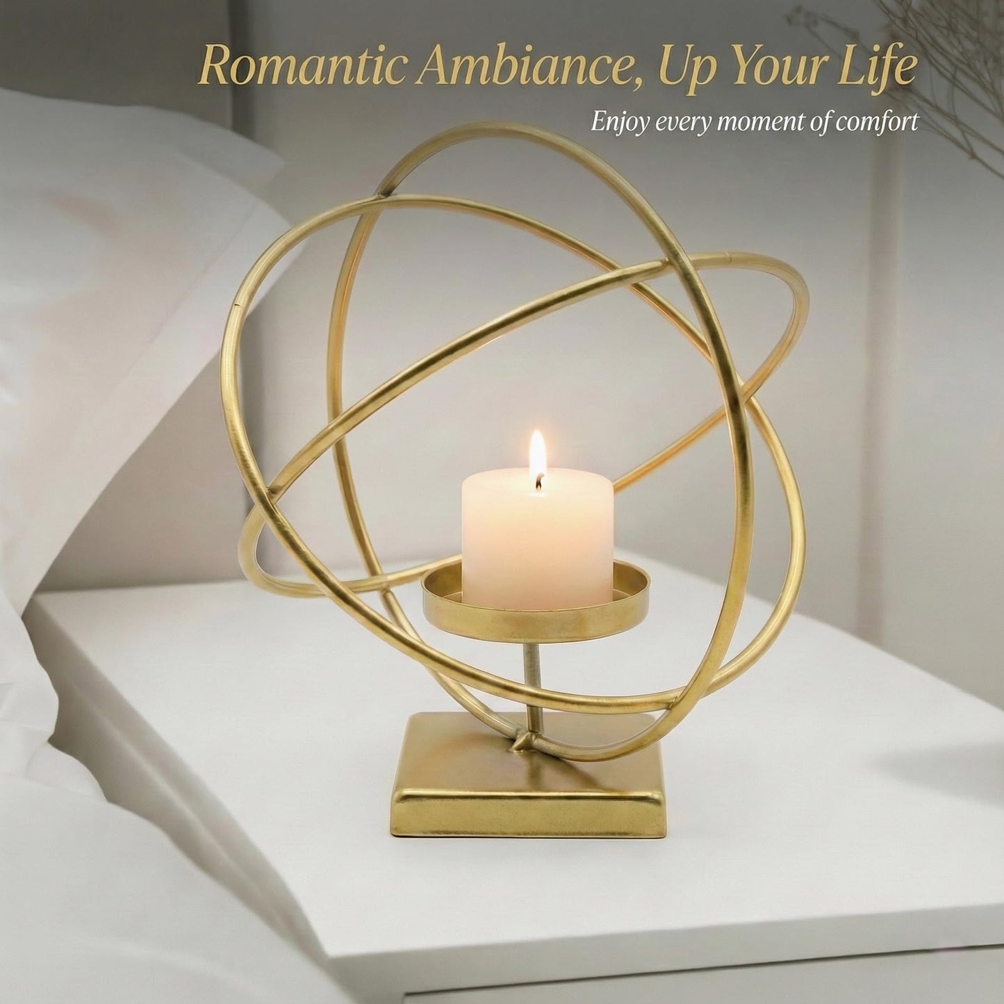 Gold Hurricane Candle Holder – Modern Metal Candle Holder Decor with Geometric Ring Design, Elegant Candle Stand for Pillar Candles & Table Decor, Indoor Decorative Lantern Style Accent