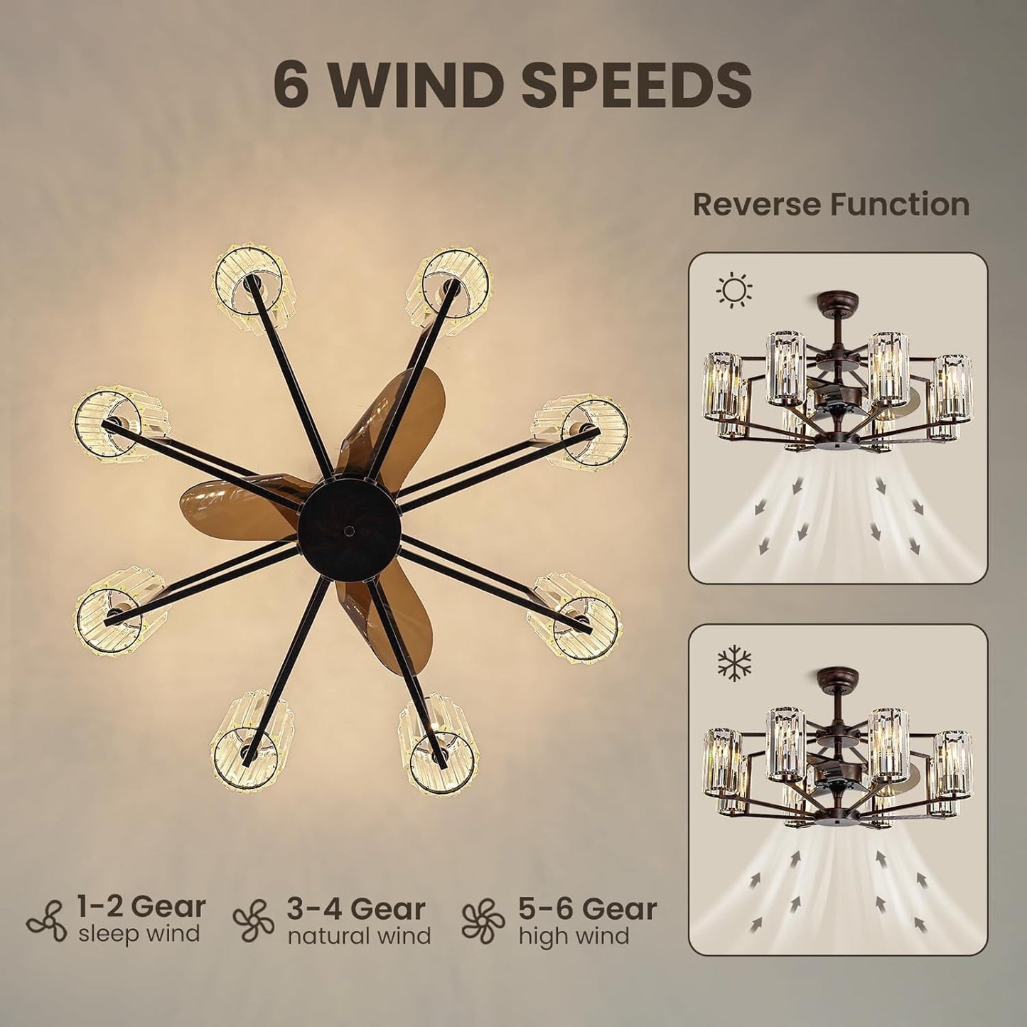 MOOONICHE 34" Crystal Chandelier Ceiling Fan 8 Lights Vintage Flush Mounted Fandelier Reddish Brown Invisible Blades Ceiling Fan for Bedroom Dining Room Living Room Kitchen Farmhouse Entry
