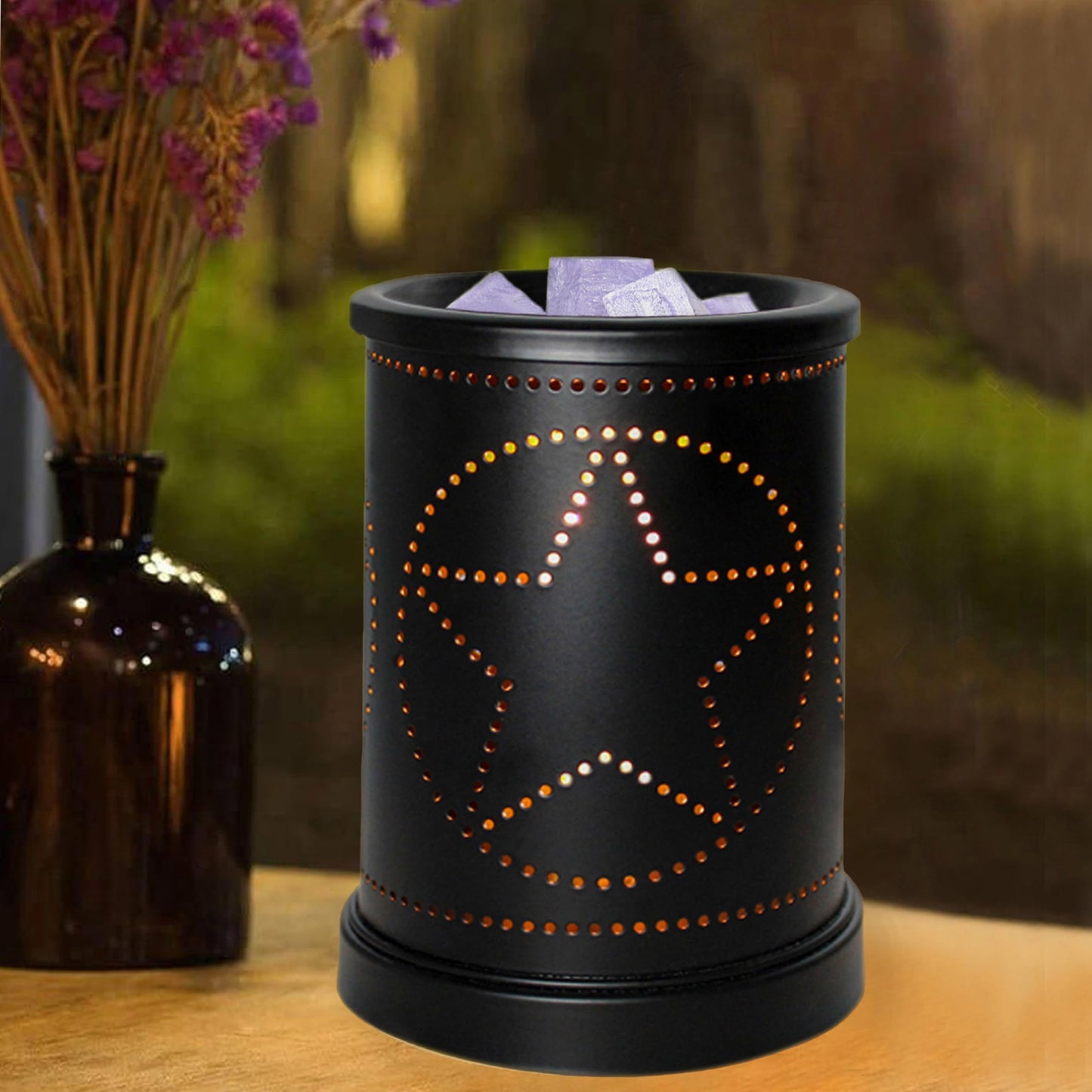 CVHOMEDECO. Electric Wax Melt Warmer Punched Stars Metal Tart Warmer Decorative Candle Warmer Burner for Scented Candles, Wax Melts and Tarts to Freshen Room, Idea for Home/Office Decor., Black