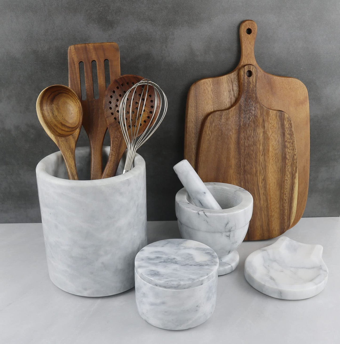 HillSpring Marble Salt Cellar with Lid and Wooden Spoon, 4" Handcrafted Spice Pepper Herbs Box