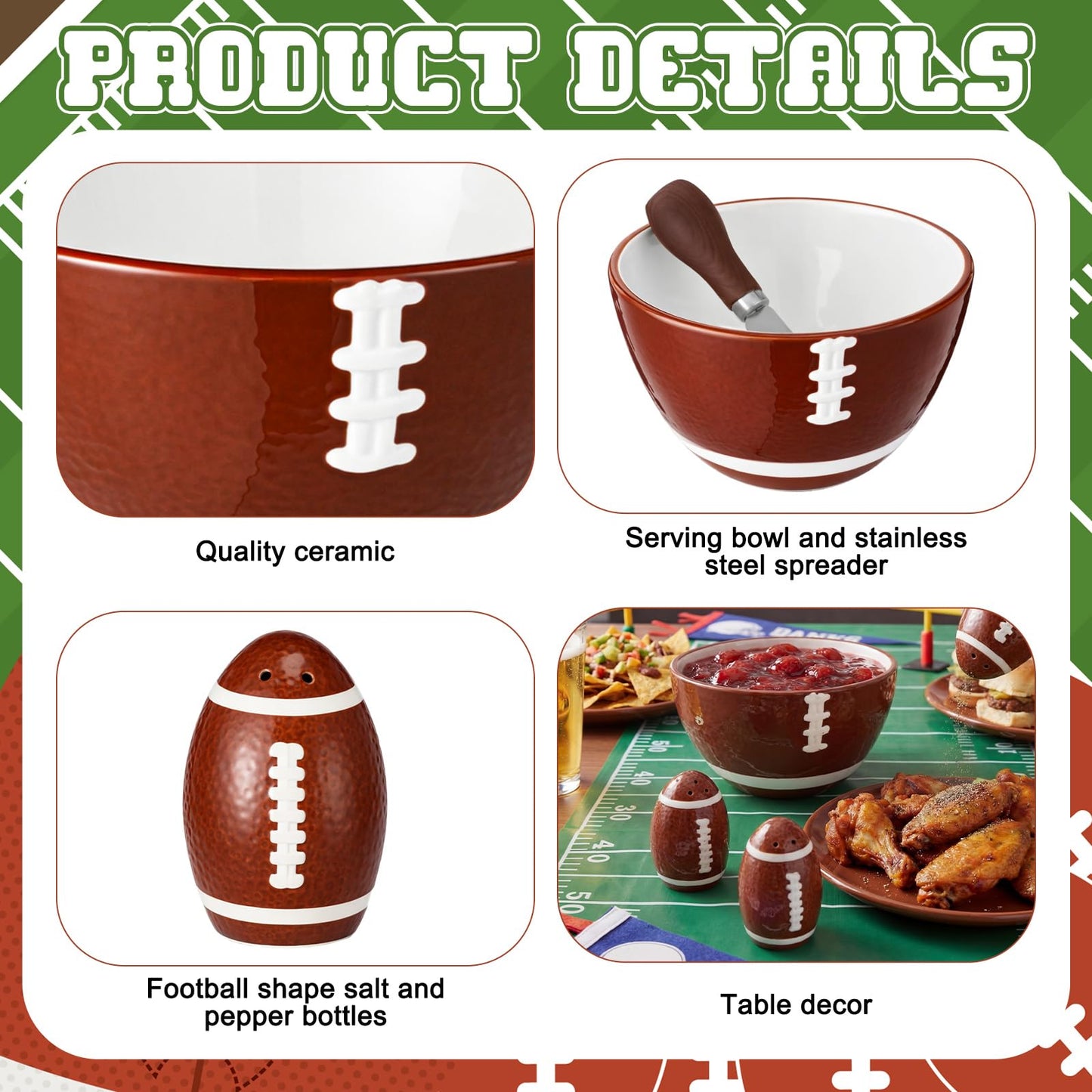CimoroWin 4 Pcs Football Serving Set Ceramic Bowl Salt & Pepper Shakers And Stainless Steel Spreader for Football Fever Season Sport Lover Party Home Kitchen Dining Table Decoration