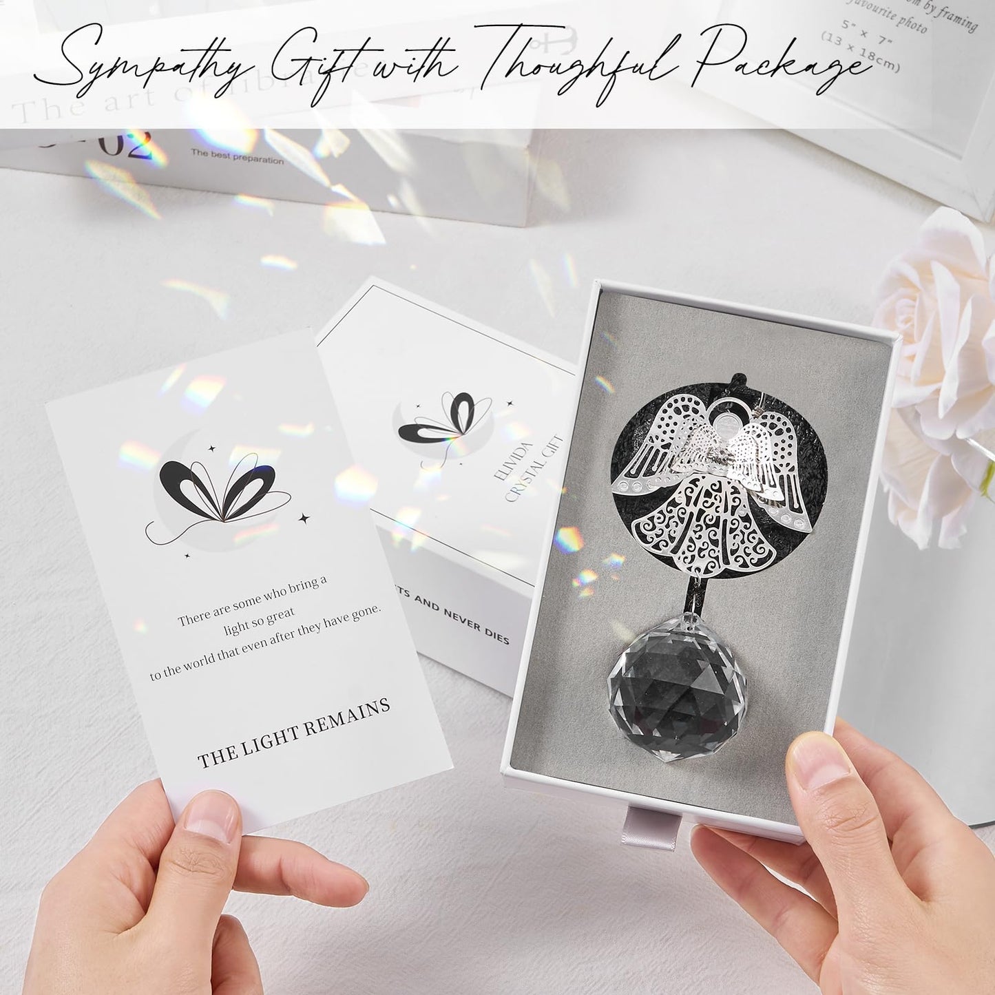 Elivida Memorial Modern Sympathy Gift for Loss of Mom - 3D Angel Design Grief Hanging Ornament With 40mm Clear Crystal Ball Rainbow Maker - Bereavement Idea for Women