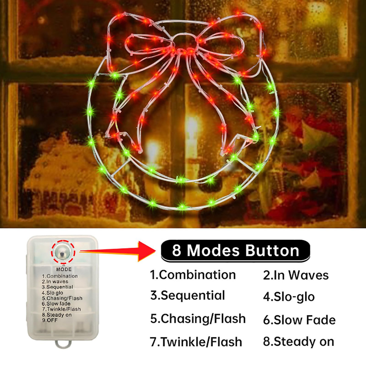 Christmas Wreath Window Silhouette Lights - 12.5" x 13.5" Bright LED Christmas Wreath with Bow, 8 Modes USB Powered / Battery Operated Window Lights for Wall Door Home Party Decor, Red and Green