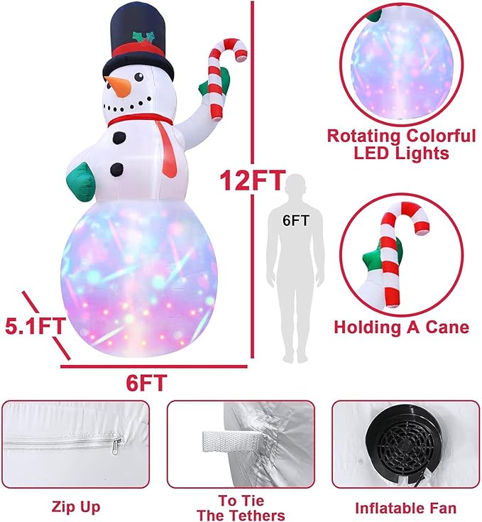 TURNMEON 12Ft Giant Christmas Inflatable Snowman Holds Candy Cane Decoration Outdoor Blow Up with Color Rotating LED Lights Stakes Tethers Christmas Decoration Home Yard Lawn Garden Xmas Holiday Party