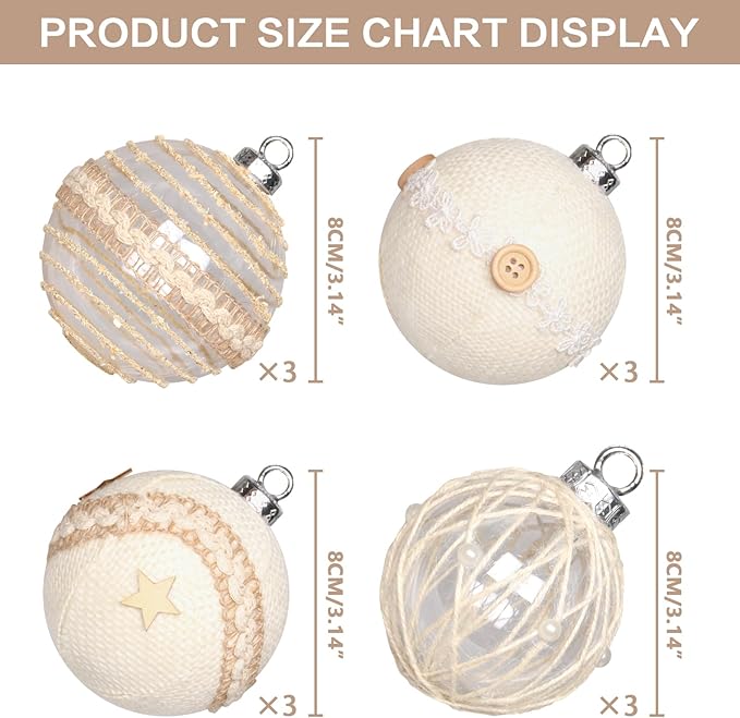 SY Super Bang 12PCS Christmas Ornaments Set, 3.14"/80MM Rustic Shatterproof Christmas Tree Hanging Ball Decorations, for Home Indoor Farmhouse Thanksgiving Xmas Vase Bowls Filler Centerpiece Decor