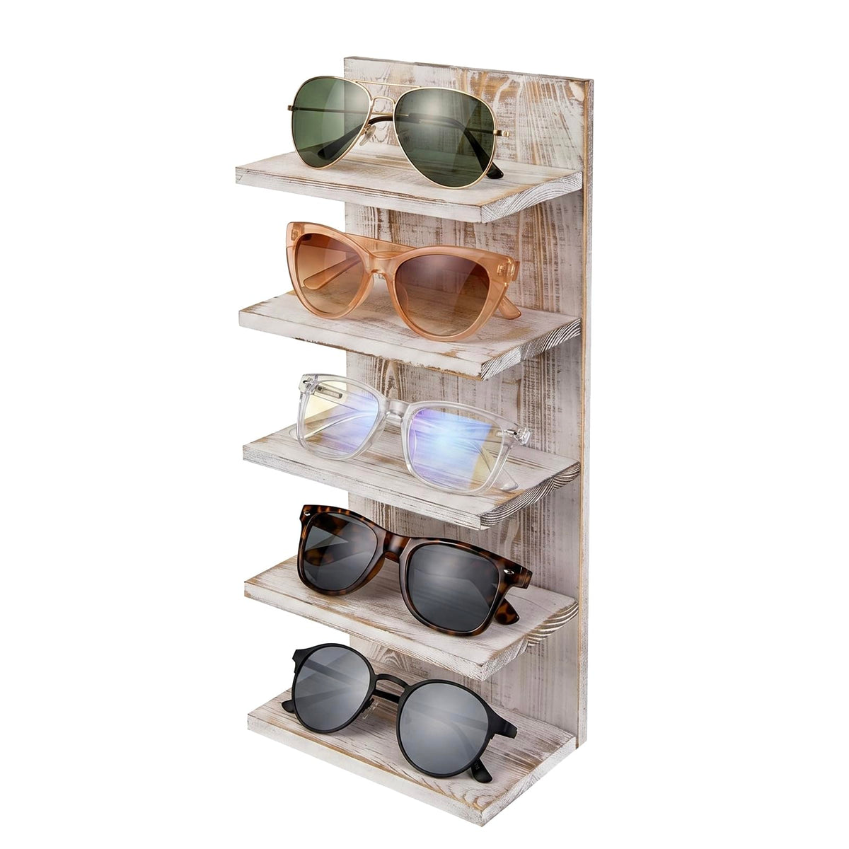 MyGift Sunglasses Organizer for Wall, Wooden Eyeglasses and Sunglass Holder Rack, 5-Tier Whitewashed Wood Eyewear Storage Display Shelf for Closet Entryway or Retail Showcase