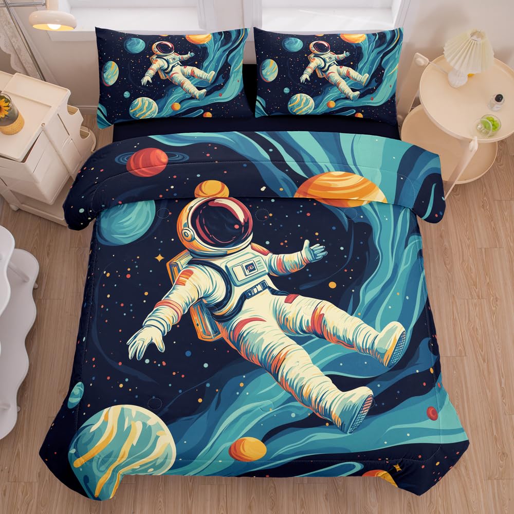 RUPSLO Space Astronaut Comforter Set Twin,Boys Twin Space Bedding Set 5 Pieces,Twin Comforter Set for Kids,Galaxy Comforter with Astronaut Patterns