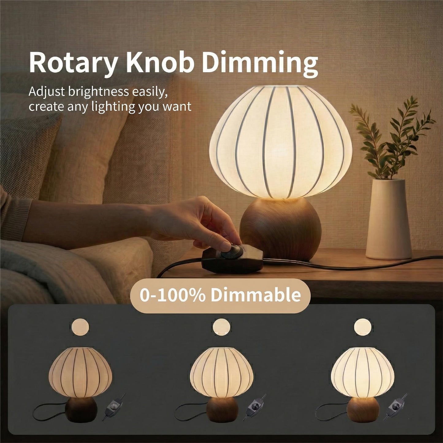 ARGO-HOME Mushroom Table Lamp, Metal Bedside Lamp with Stepless Dimming, Handcrafted Silk Lampshade Nightstand Lamp for Cozy Bedroom Living Room Kids Room