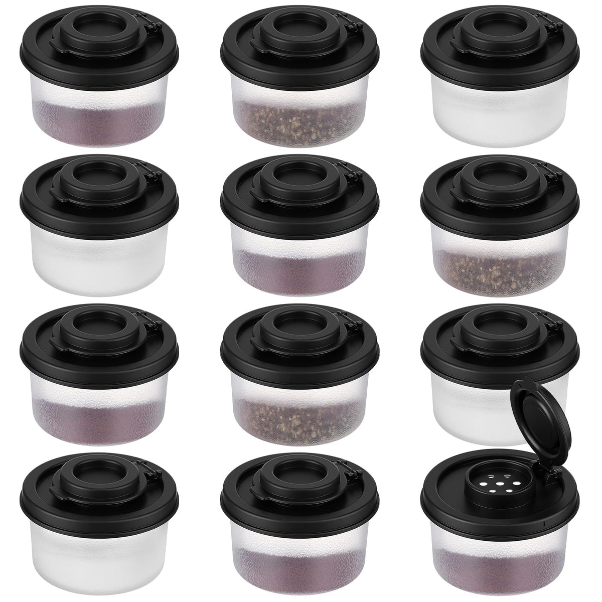 Acellegic 12 Pack Mini Salt and Pepper Shakers Moisture Proof Set Lids Plastic Airtight Dispenser for Camping Picnic Outdoors Kitchen Lunch Boxes Travel Spice(Black)