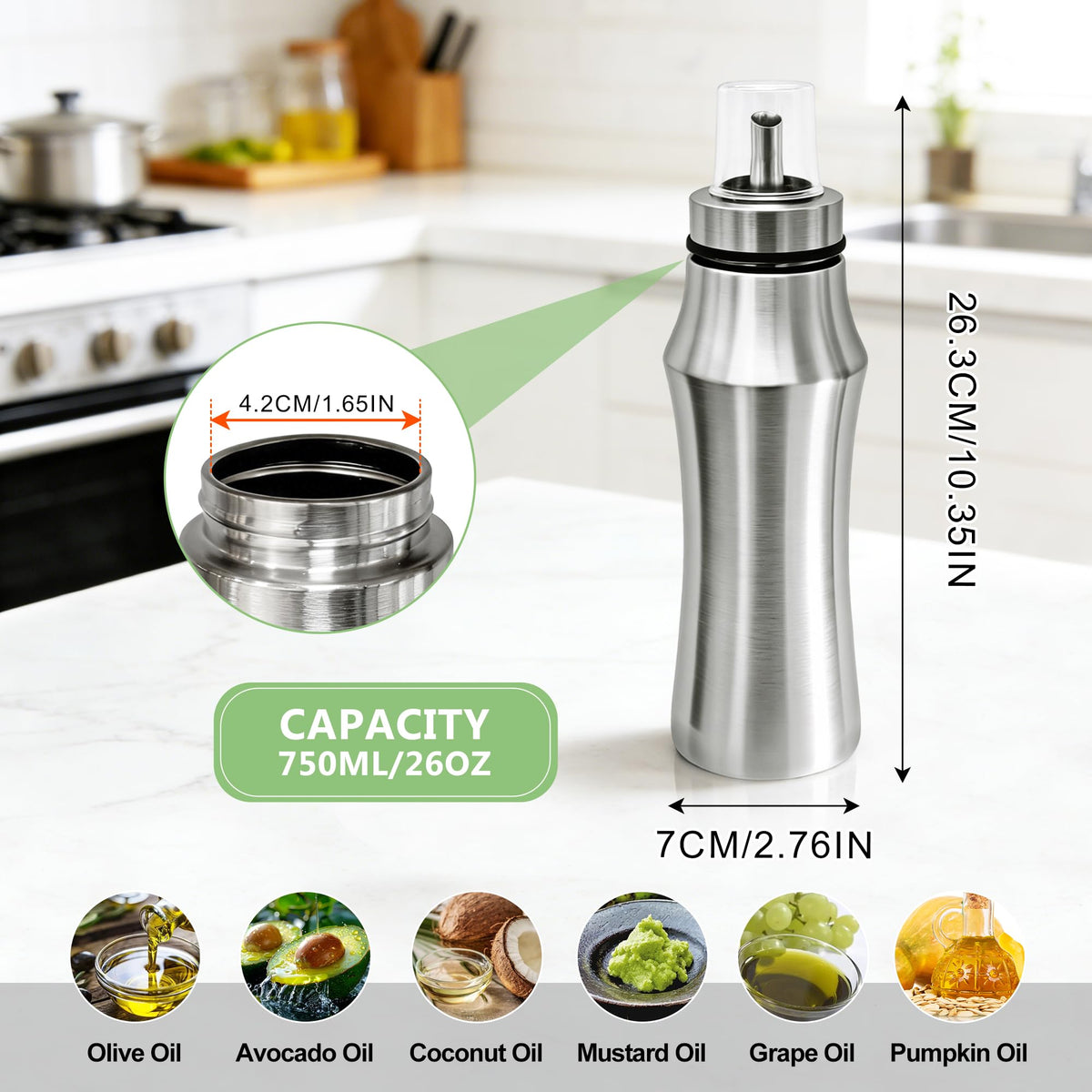 OlBuWa 304 Stainless Steel Oil Dispenser Bottle,Kitchen Oil Bottle for Cooking salad, barbecue, steak, air fryer-750ml, Silver