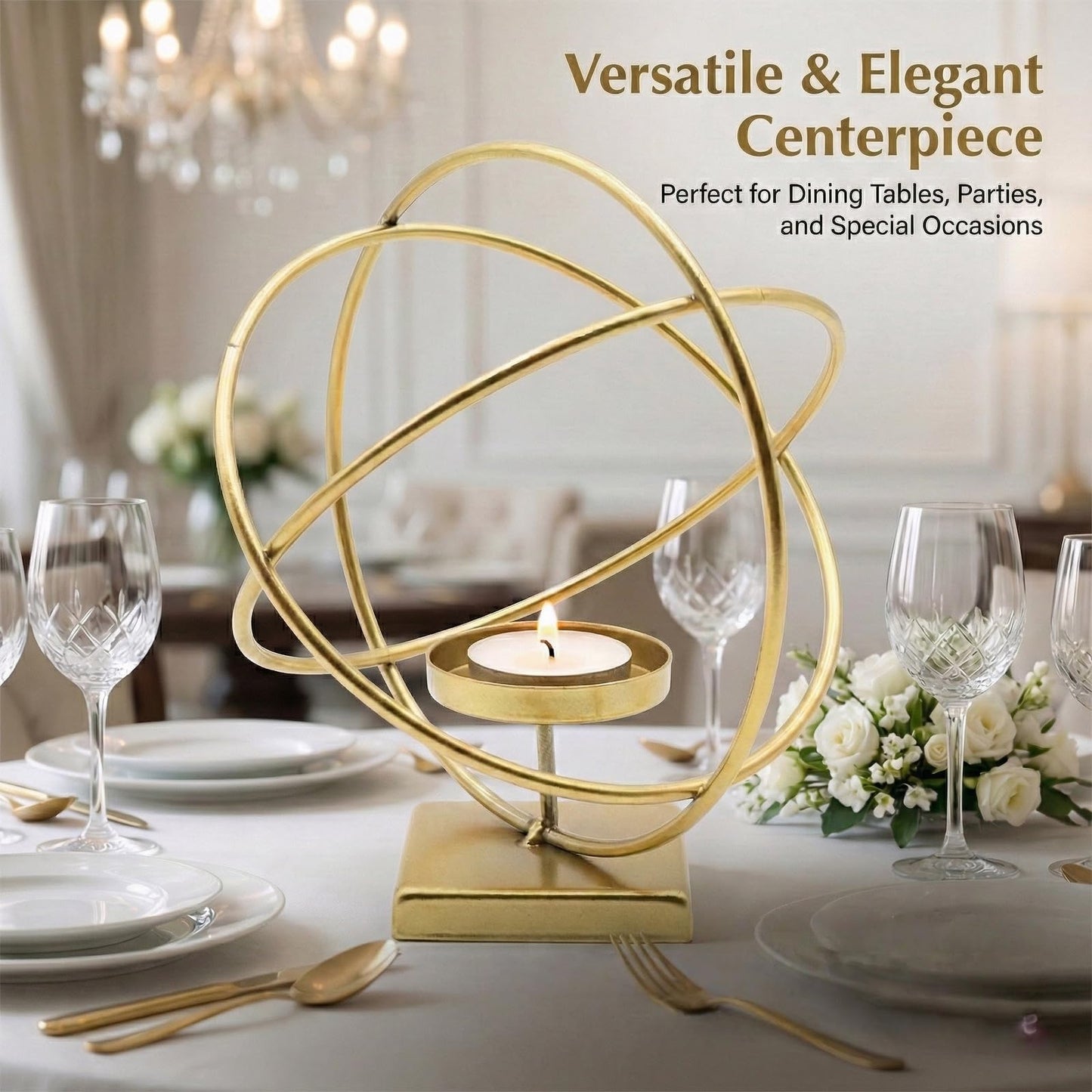 Gold Hurricane Candle Holder – Modern Metal Candle Holder Decor with Geometric Ring Design, Elegant Candle Stand for Pillar Candles & Table Decor, Indoor Decorative Lantern Style Accent